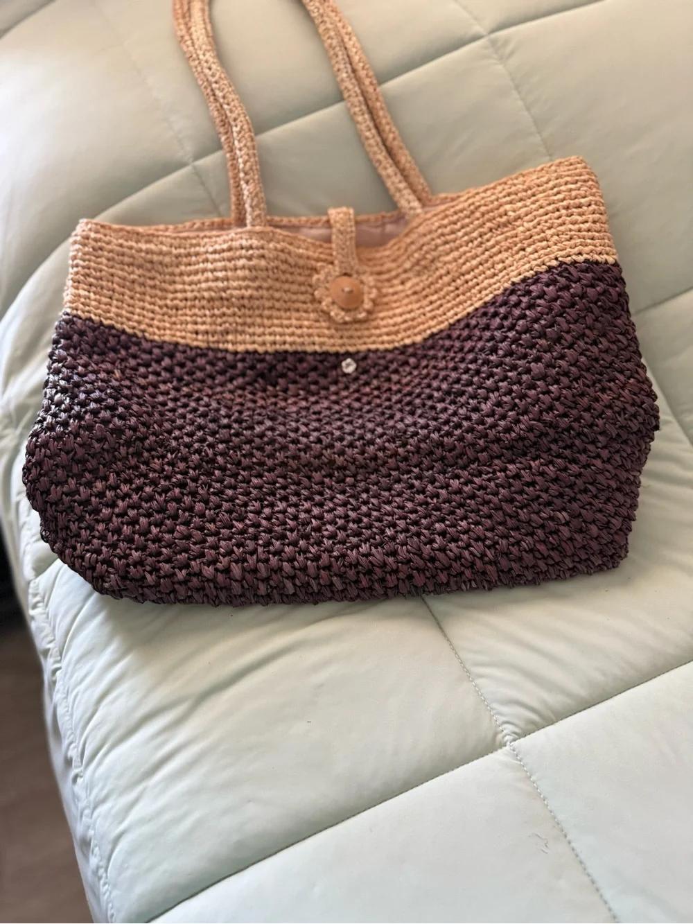 flora Bella Woven Two-Tone Straw Tote Bag - Brown & Tan. Vintage